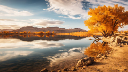 a serene lake in the desert, surrounded by vibrant chestnut trees in full autumn splendor. the calm water reflects the vibrant colors, creating a tranquil scene that captures the beauty of nature during the fall season. shot during golden hour, the soft, warm light adds a touch of magic to this desert oasis. ai generatedの素材