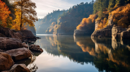 a serene lake in a canyon, surrounded by vibrant autumn-colored sycamore trees, reflects their beauty on the calm water's surface. this tranquil scene captures the serenity and natural beauty of the fall season. shot during golden hour, the soft, warm light illuminates the canyon, enhancing its enchanting atmosphere. ai generatedの素材