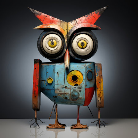abstract 3d sculpture of an owl with a comical expression, inspired by the artistic styles of basquiat, picasso, miro, kandinsky, klee, birell, fairey, ardon, and buffet. ai generatedの素材