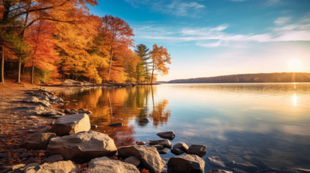a serene lake surrounded by chestnut trees in full autumn splendor, reflecting vibrant colors on the calm water's surface. this tranquil scene evokes a sense of serenity and appreciation for the beauty of nature during the fall season. shot during golden hour, the image showcases the soft, warm light illuminating the coastline. ai generatedの素材