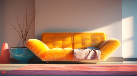 a close-up shot of a hyper-modern desk in a brightly lit room. the desk is surrounded by a simple and futuristic advertising display. a colorful 2-seater sofa bed with fur material adds a touch of vibrancy to the otherwise sleek and minimalist space. the amazing shapes and impossible geometry of the furniture create an eye-catching visual. ai generatedの素材