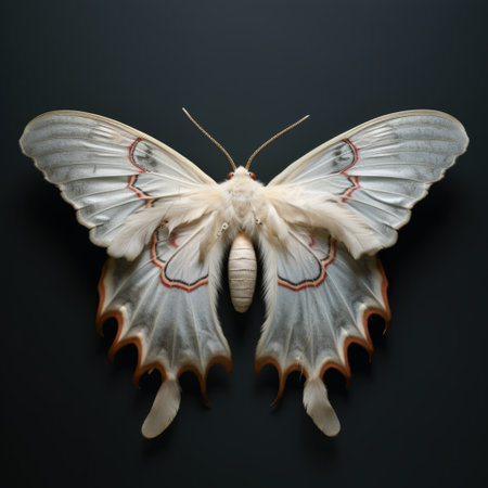 a white moth perches on its wings in this meticulously crafted photorealistic still life. the composition showcases a blend of dark white and light red tones, with intricate sculpting that balances symmetrical asymmetry. the image captures the essence of restored and repurposed beauty, reminiscent of chinese iconography. shot on fujifilm velvia, this photo is a stunning display of artistry and attention to detail. ai generatedの素材