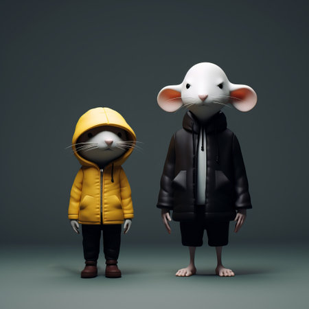two rabbits and a rat are depicted in this set of three images, showcasing the detailed character design rendered in cinema4d. the style is influenced by street fashion and the work of yanjun cheng. the color palette consists of dark white and yellow, creating a visually striking contrast. the overall aesthetic can be described as normcore, with a touch of bill gekas' artistic influence. aiの素材