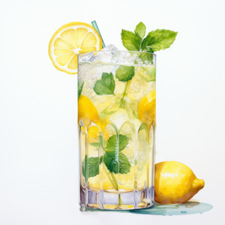 a cocktail with lemon and mint garnish is captured in an artistic shot, resembling realistic watercolor paintings and detailed character illustrations. the light white and yellow tones create a loose and fluid atmosphere. the glass material adds a touch of elegance to the full-bodied drink. this visually stunning image could be used for fragmented advertising purposes. ai generatedの素材