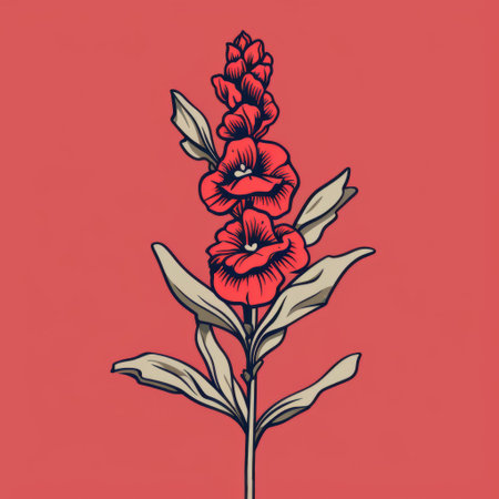 red flowers and leaves on a vibrant red background, depicted in a linear illustration style. this tattoo-inspired artwork showcases simple yet graceful balance, with realistic forms and colorful details. the high-resolution image captures the beauty of these vibrant illustrations. ai generatedの素材