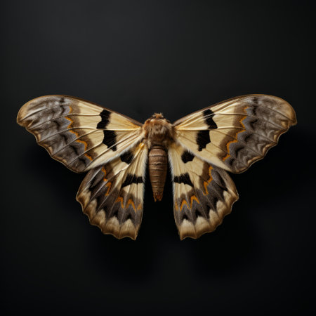 a large butterfly with black wings is captured in this photograph against a black background. the image is reminiscent of the artistic styles of sacha goldberger, petros afshar, light gray and amber, and peter lippmann. the butterfly's nature-inspired camouflage blends seamlessly with the ivory tones, creating a captivating composition. ai generatedの素材