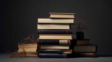 a stack of brown and silver books, featuring a branch in the background, captured in the dark navy and light amber style reminiscent of moyoco anno's horror academia. this photo, taken with provia film, showcases an advertising-inspired aesthetic with a focus on functionality, as influenced by aquirax uno. ai generatedの素材