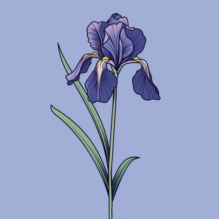 iris flower on a blue background, featuring a flat shading style reminiscent of ancient chinese art. the color palette includes light purple and light black, creating a harmonious contrast. the artwork is influenced by the line drawing style of herb trimpe, resulting in graceful sculptures. the overall aesthetic is flat with limited shading, adding to its unique appeal. ai generatedの素材