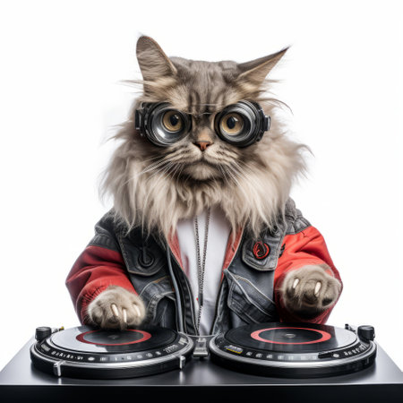a cat dj is seen in this photo, playing on a vinyl record player. the image is isolated on a white background and showcases the style of artists like etam cru and bill gekas. the attention to detail in the costume and fashion is evident, with a color palette of gray and crimson. this photo can be found on the website of stephen shortridge andの素材