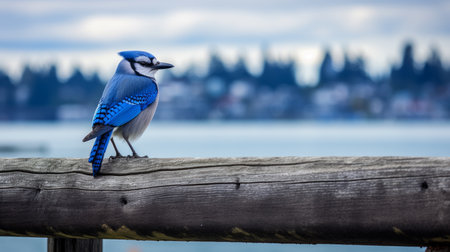 a tan jay, in the style of dark azure and navy, sits on a wooden railing in front of the water. this photo, taken with a sony fe 85mm f/1.4 gm lens, showcases the beauty of vancouver school. digitally enhanced, the colors of light blue and white create a stunning visual. this pop-culture-infused image is truly captivating. ai generatedの素材