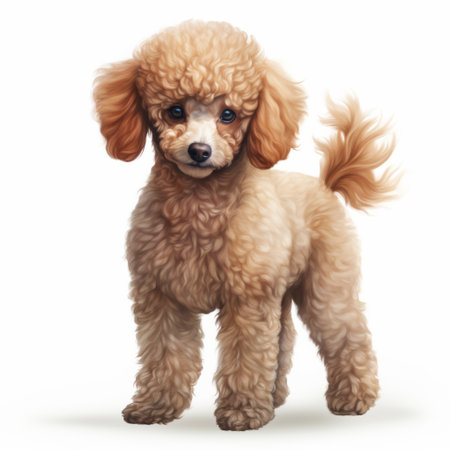 peacoat poodle puppy standing, isolated on white. this hyper-realistic animal illustration showcases the adorable pup in intricate detail. with delicate shading and a style reminiscent of realistic oil paintings, the depiction captures the essence of the poodle's features. the light magenta and light amber tones add a touch of warmth to the illustration, making it truly captivating. ai generatedの素材