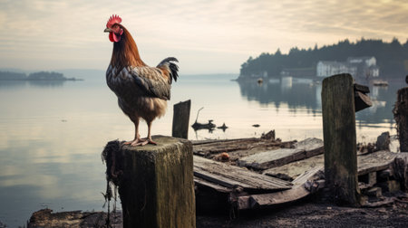 a rooster perched beside a post and water, captured in the style of breathtaking backdrops and captivating documentary photography. the photo showcases a combination of light red and gray tones, reminiscent of national geographic's iconic imagery. it serves as a thought-provoking critique of consumer culture, featuring charming characters. this stunning image was taken using the provia film. ai generatedの素材