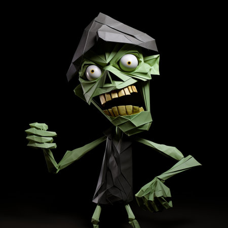a paper zombie with a strong facial expression, depicted in a cubist style with multifaceted angles. the zombie is shown with his hand in his pocket, creating a playful and intriguing composition. the artwork, created by tim shumate, features dark and spooky themes with a combination of light green and dark black tones. the use of vray adds depth and realism to the sculpture. aiの素材