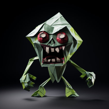 a paper zombie with a playful expression, created in the style of psychotic cubism, is photographed on a black background. the tabletop photography showcases the intricate geodesic structures of the gemstone-like design. the light green and dark crimson colors add a vibrant touch to the playful character design. ai generatedの素材
