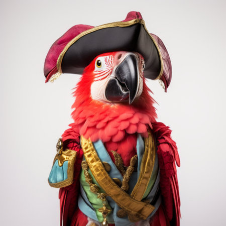 a parrot dressed up as a pirate poses for a contemporary realist portrait photograph. the parrot's costume features sculptural details in light red and dark azure, capturing a hyper-realistic look. this portrait, influenced by the group f64 and war photography, showcases the intricate realist detail of the parrot's pirate attire. ai generatedの素材