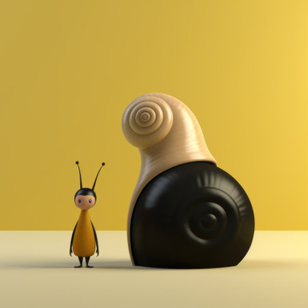 a young snail and an old snail, accompanied by a bee, are depicted in this emotive surreal character study. the image, rendered in maya using vray tracing, showcases minimalist figures with toy-like proportions. the light yellow and black color scheme adds to the surreal atmosphere. this movie still captures a unique and whimsical scene. ai generatedの素材