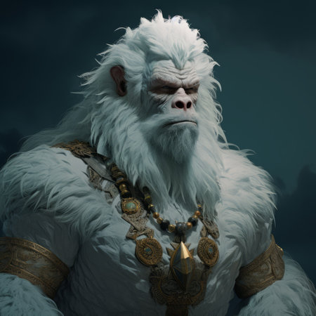 a character wearing white robes and adorned with large gold chains, inspired by the style of zbrush, is depicted in this photo. the character's appearance is reminiscent of realistic animal portraits and draws influence from cryengine, m42 mount, marvel comics, junglepunk, and the northern and southern dynasties. ai generatedの素材