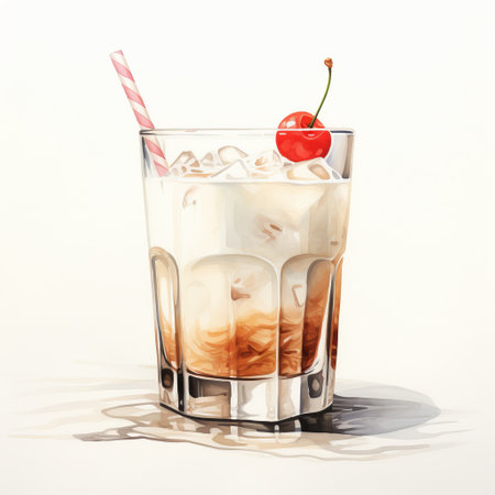 a large glass with a cherry and ice, depicted in a realistic watercolor style. the artwork showcases a combination of dark white and light brown tones, capturing the essence of light and shadow. this classic americana-inspired piece exudes a carnivalcore vibe, with its highly detailed and lowbrow aesthetic. ai generatedの素材