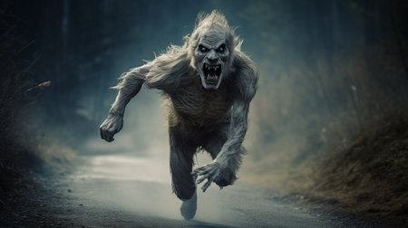 the creature, resembling a mythical being, dashes along the dimly lit road, exuding an aura of caninecore. the ghosting effect adds an ethereal touch to its strong facial expression. this captivating national geographic photo, captured in stunning 8k 3d, is enveloped in a soft mist, enhancing its mysterious allure. ai generatedの素材