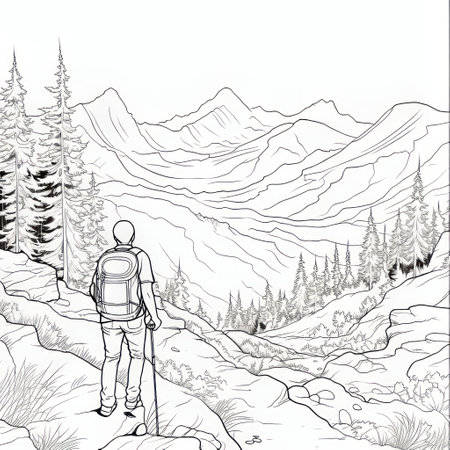 a man hiking on a mountain top is depicted in this coloring page image by emma maris. the artwork, inspired by the style of sergey musin, showcases naturalistic landscape backgrounds and isolated figures. the hyperrealistic landscapes are hand-drawn, creating a captivating passage reminiscent of lev lagorio's works. ai generatedの素材
