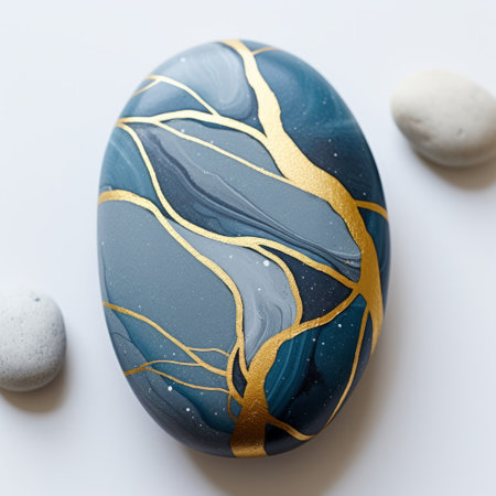 a painting of a hand-painted stone featuring gold and blue leaves. the artwork showcases a minimalistic serenity with its dark teal and light gray color scheme. the smooth and curved lines add a touch of elegance to the piece. delicate materials like dark sky-blue and light gray marble are used to create intricate details. ai generatedの素材