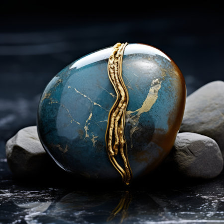 a marble ball with yellow gold oxidation and jasper, featuring a dark turquoise and bronze color scheme. captured with a petzval 85mm f22 lens, the image showcases wavy lines and organic shapes. inspired by zen aesthetics, this intaglio piece by mark arian transports viewers to enchanting realms. ai generatedの素材
