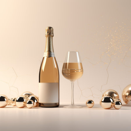 a bottle of champagne and a glass of bling bling are placed on a light background, showcasing a stunning combination of vray tracing, xmaspunk, otto piene, and realistic rendering. the bottle is made of vines, while the colors of light pink and light orange add a touch of elegance. this captivating image is rendered in unreal engine. ai generatedの素材