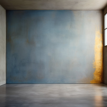 an empty room featuring blue walls, a black tile floor, and a white window. the room is designed in a style that incorporates light gold and light amber tones, giving it a patinated and oxidized appearance. the walls are adorned with a large-scale muralist artwork in shades of gray and amber, complemented by accents of light blue and gray. the intentionally canvas-like texture of theの素材
