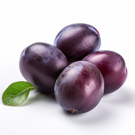 plums with leaves arranged in a white cup on a white background. the photo showcases the dark purple color of the plums, captured with the tokina opera 50mm f/1.4 ff lens. the image features a combination of dark violet and dark gray tones, creating an explosive pigmentation. this visually appealing composition represents plums from the 1970s to the present. ai generatedの素材