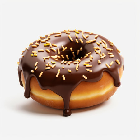 a chocolate donut with sprinkles and drizzles is showcased in this ultra-realistic photograph. the donut appears smooth and shiny, with minimal retouching applied. the image captures the unique yankeecore style, portraying the donut as slightly soggy. this creative commons attribution photo showcases the hyper-realistic details achieved through the use of oil. ai generatedの素材