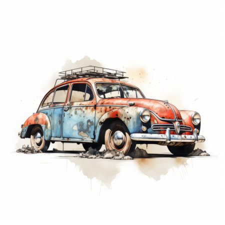 relict american vintage car with blue umbrella, captured in a high-definition stock photo. the image showcases the car in the style of colorful ink wash paintings, amidst post-apocalyptic ruins. the orange and brown tones add depth to the detailed character illustrations, while the charming character illustrations evoke a sense of nostalgia. the white background enhances the vintage aesthetic, reminiscent of the soviet era. ai generatedの素材