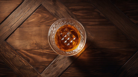 whiskey in glass on wooden table, captured in the style of aerial photography. the image showcases a rounded glass filled with whiskey, placed on a rustic wooden table. the composition combines elements of mark keathley's artistry and the quadratura technique, featuring sharp angles. this photograph pays homage to the american studio craft movement, while also reflecting the unique vision of dusan djukaric. ai generatedの素材