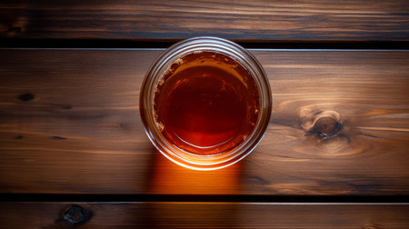 a big mug of honey, captured in an aerial photography style, showcases its multilayered and raw texture. the image reflects the essence of absinthe culture with its low depth of field, highlighting the light red and dark amber tones. the photograph subtly alludes to the influence of confucian ideology. ai generatedの素材