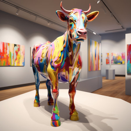 a vibrant sculpture of a cow, adorned with colorful paint, showcases the fusion of digital art techniques and the influence of patrick brown. this large-scale installation captivates with its multilayered realism, depth of field, and high resolution. through its striking aesthetics, it offers a thought-provoking critique of consumerism. ai generatedの素材