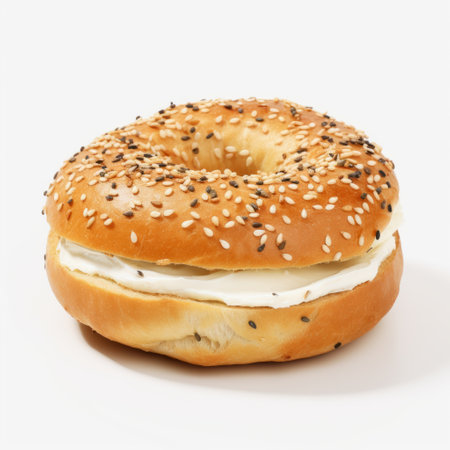 a hyperrealistic rendering of a white eaton bagel (phk file) is showcased in this photo. the bagel, with a weight of 667 k, is captured against a white background, creating a high-contrast shading effect. the image is influenced by the hallyu trend and shot using fujifilm velvia. the soft focal points highlight the bagel's cheese composition. ai generatedの素材