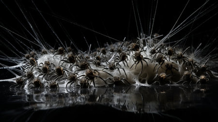 large spider clusters hang above water, showcasing the unique style of darktable processing. the image captures the essence of heavy metal embroidery with its dark brown and white color palette. softbox lighting enhances the spiky mounds, resembling delicate materials. this mesmerizing photograph embodies the concept of miniaturecore, merging intricate details with a captivating composition. ai generatedの素材