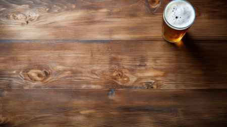 a beer glass sits on a wooden background, showcasing a minimalistic composition reminiscent of the american barbizon school. the texture-rich surfaces and flat background create a visually appealing contrast. this 32k uhd image captures the essence of innovative page design, with a touch of manapunk aesthetic. ai generatedの素材