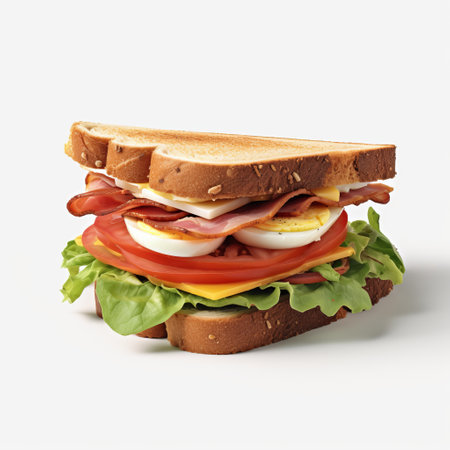a hyper-realistic portraiture photograph of an open breakfast sandwich featuring tomatoes and eggs. the image is captured in the style of commercial imagery, using kodak colorplus film to enhance the vibrant colors. the layered translucency adds depth to the composition, while the striped pattern adds visual interest. this unique photograph combines elements of frogcore and precisionist aesthetics. ai generatedの素材