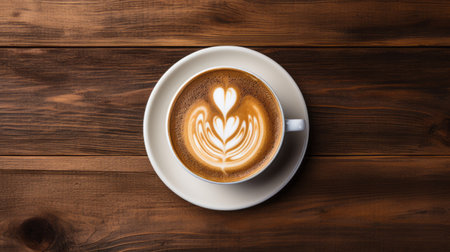 a single coffee cup sits on a table, featuring soft focal points and striking symmetrical patterns. with post-processing techniques, this image combines humor and heart. the cup is a blend of dark brown and white, showcasing strong contours. ai generatedの素材