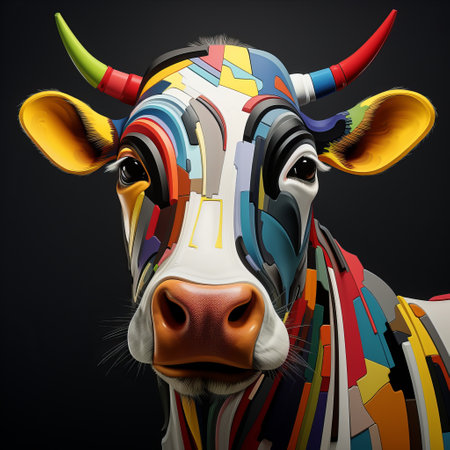 a vibrant, handcrafted cow sculpture showcasing the artistic fusion of vray tracing, mosaics, painted illustrations, digital art techniques, bold colorful lines, photo-realistic techniques, and digital manipulation. ai generatedの素材