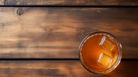 orangecolored liquid being poured from a glass in a rustic americana style. the aerial view captures the minimalistic serenity of the scene, with a flat form and soft-edged wood elements. the image utilizes a unique perspective to create a visually appealing composition. ai generatedの素材