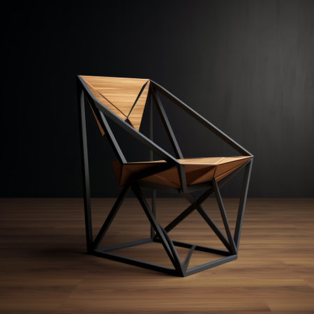 a modern wooden chair with geometric lines, reminiscent of adam martinakis' style. the chair features dark colors and metal compositions, with sharp perspective angles and symmetric compositions. it is a design architecture study with an asymmetrical framing. ai generatedの素材