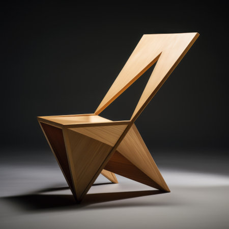 a geometric wooden chair, designed in the cislatifs of paris, showcases the precisionist art style with its extreme angles and powerful symbolism. the redshift color adds a touch of vibrancy to the soft-edged design. this chair is a perfect example of precisionist focus stacking, combining aesthetics and functionality seamlessly. ai generatedの素材