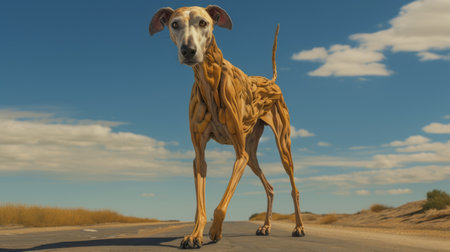 a wooden dog sculpture, crafted with intricate detail, stands on a road nestled amidst towering mountains. this hyperrealistic artwork combines elements of organic biomorphism and photorealistic detail, reminiscent of the styles of ed freeman and serge marshennikov. created using vines and rendered in cinema4d, this unique piece captures the essence of nature and artistry. ai generatedの素材