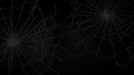 a black and white spiderweb, with a densely textured and haptic surface, is showcased on a dark background. the web's intricate design resembles nightmarish illustrations, creating a hauntingly beautiful image. with its transparent layers and cracked appearance, this spiderweb captures the essence of halloween, evoking an eerie atmosphere. ai generatedの素材