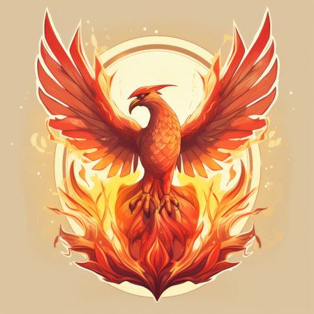 a phoenix perched within a golden circle, adorned with a vibrant yellow halo. the artwork showcases a realistic portrayal of the mythical bird, incorporating hues of light beige and crimson. the design exudes a unique blend of hatecore and flamboyant elements, featuring playful character designs and intricate sketches. rhads. ai generatedの素材