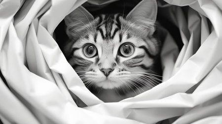 a cat, wrapped in fabric, sluggishly peeks out in this black-and-white graphic style photograph by serge marshennikov. the image showcases depth of field and incorporates the use of plastic and paper materials. this creative commons attribution photo captures a moment of curiosity and intrigue. ai generatedの素材