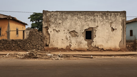 the photo showcases the destroyed walls of a house, reflecting an african influence in its style. the streetscape captures the essence of the scene, while the use of the laowa 100mm f/2.8 2x ultra macro apo lens adds depth to the image. inspired by jean-francois millet, this national geographic photo exhibits a dark beige color palette and a sparse composition. ai generatedの素材