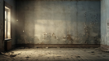 an empty living room with broken walls and a sunbeam streaming through the window. the room showcases distressed and weathered surfaces, giving it a post-apocalyptic backdrop. the muted tonality and historical documentation style add to the overall aesthetic, reminiscent of american tonalism. this captivating image can be found on flickr, featuring a combination of light cyan and dark amber tones. ai generatedの素材