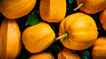 fresh butternut squash arranged in a visually appealing composition. the seamless background enhances the focus on the vibrant colors of the squash. sparkling raindrops add a touch of freshness to the image. captured from an overhead angle using a hasselblad camera, this award-winning photograph showcases the high level of detail achieved through color grading and high-end retouching. perfect for advertising and commercial purposes, this high-resolution,の素材